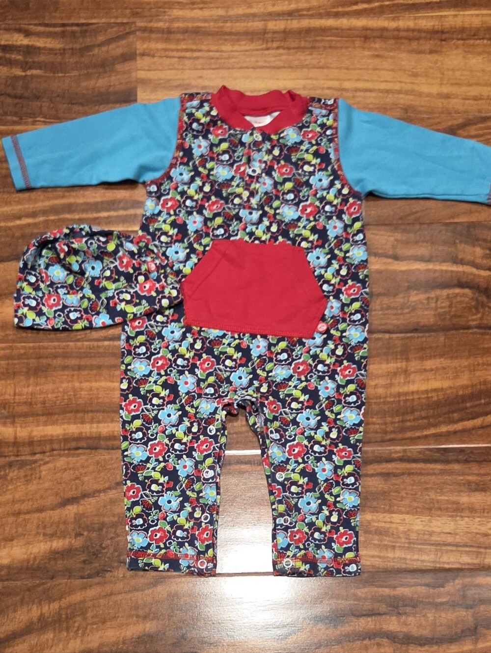 Zutano EUC 12 Months Turquoise/Red/Navy Floral One-Piece Romper and Hat